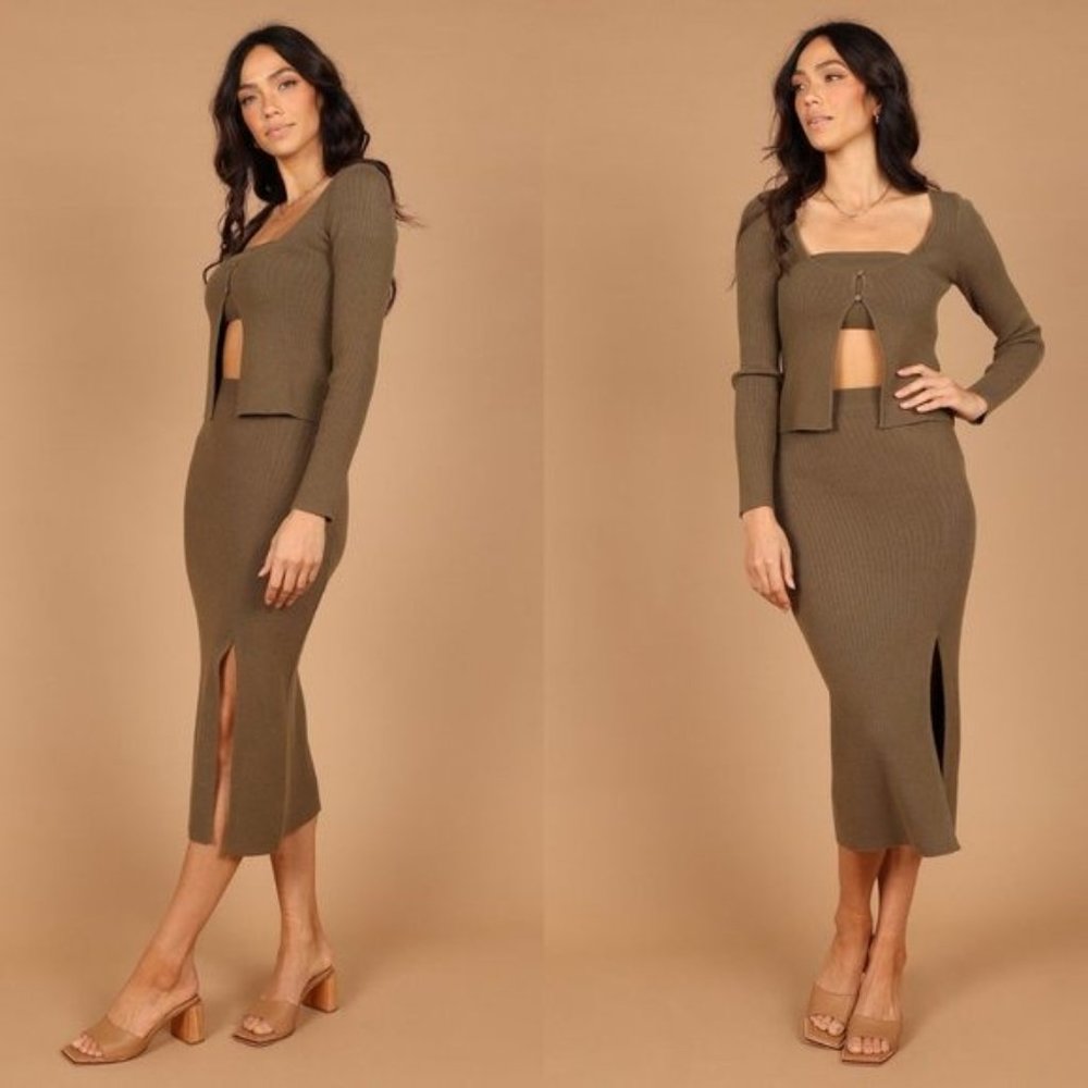 Petal & Pup NEW Luna Knitted Matching 3 Piece Set Midi Dress Olive Green Size S - Picture 14 of 14